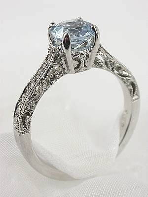 Antique Style Aquamarine Filigree Engagement Ring