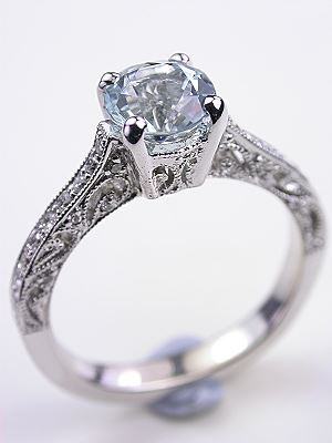 Antique Style Aquamarine Filigree Engagement Ring