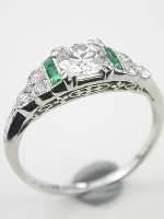 Art Deco Platinum Engagement Ring with Emeralds
