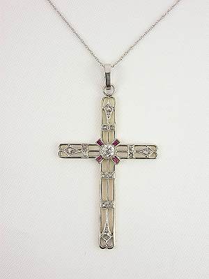 Handwrought Ruby and Diamond Vintage Cross