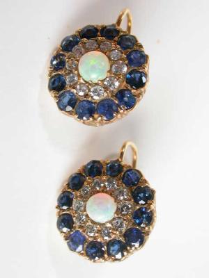 Edwardian Sapphire, Opal, and Diamond Earrings