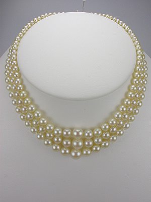 Vintage 1950's Three Strand Pearl Necklace with Diamond Clasp