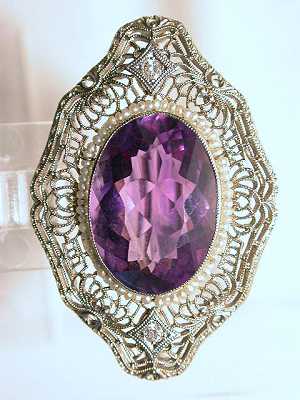 Edwardian Filigree Amethyst, Pearl and Diamond Brooch