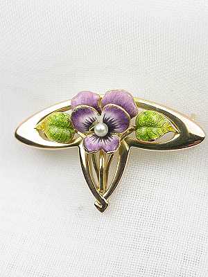 Arts and Crafts Antique Pansy and Leaf Brooch by Krementz