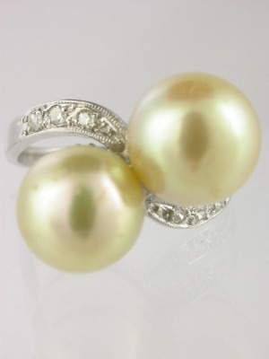 Double Pearl and Diamond Engagement Ring