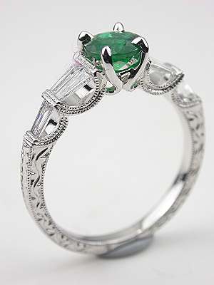 Emerald and Baguette Cut Diamond Engagement Ring