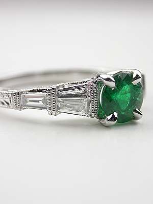 Emerald and Baguette Cut Diamond Engagement Ring