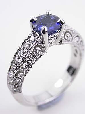 Pierced and Engraved Sapphire Engagement Ring