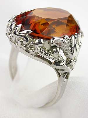 Citrine Antique Ring with Floral and Scroll Motif