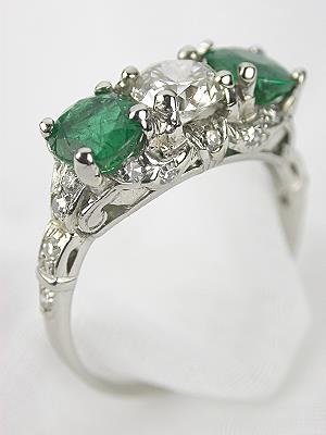 1935 Emerald and Diamond 3 Stone Antique Ring