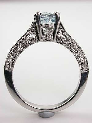 Antique Style Aquamarine Filigree Engagement Ring