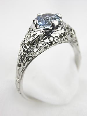 Floral and Filigree Aquamarine Antique Engagement Ring
