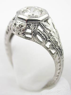 Antique Floral Engagement Ring with Hand Engraving 