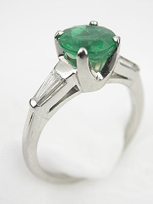 Platinum and Baguette Diamond Emerald Engagement Ring