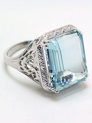 Antique Aquamarine Dinner Ring with Pierced Design