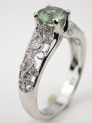 Green Sapphire Engagement Ring with Vine and Leaf Design