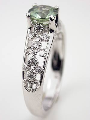 Green Sapphire Engagement Ring with Vine and Leaf Design