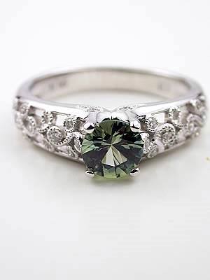 Green Sapphire Engagement Ring with Vine and Leaf Design