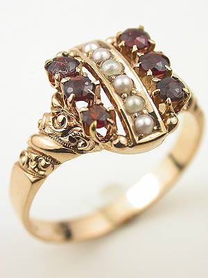 Antique Victorian Garnet and Pearl Ring in Rose Gold