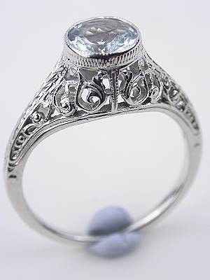 Aquamarine and Pierced Filigree Antique Engagement Ring