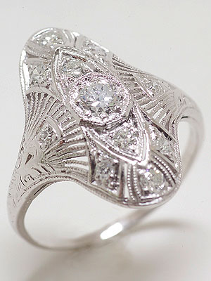 1920s Platinum Filigree and Diamond Dinner Ring