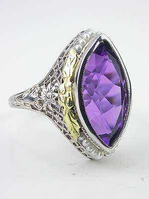 Amethyst Cocktail Ring with Floral and Leaf Motif