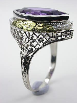 Amethyst Cocktail Ring with Floral and Leaf Motif