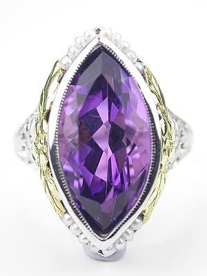 Amethyst Cocktail Ring with Floral and Leaf Motif