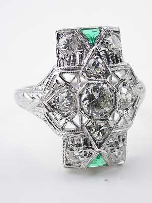 Art Deco Emerald and Diamond Antique Cocktail Ring