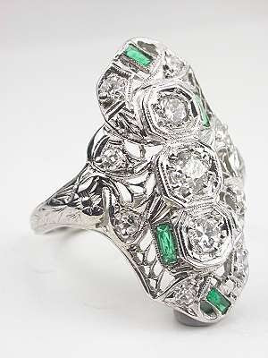 Antique Filigree Emerald and Diamond Dinner Ring