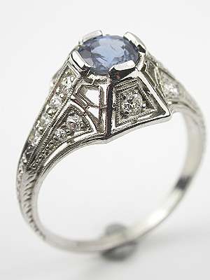 Platinum Antique Moval GIA Diamond & Calibrated Sapphire Engagement Ri –  Rozental Jewelry