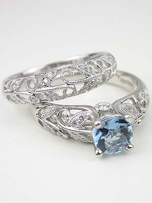 Aquamarine Engagement Ring with Vine and Leaf Motif