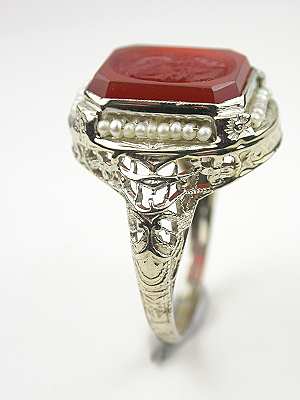 Carnelian Cameo and Pearl Antique Ring