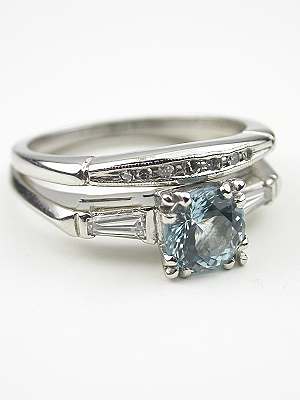 Aquamarine and Platinum Vintage Bridal Rings Set