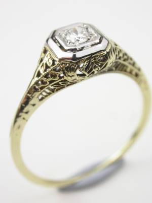 Pierced and Floral Antique Diamond Engagement Ring
