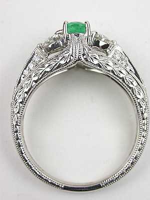 Emerald Engagement Ring with Heart Shaped Diamonds
