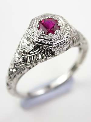 Antique Ruby Ring with Floral and Filigree