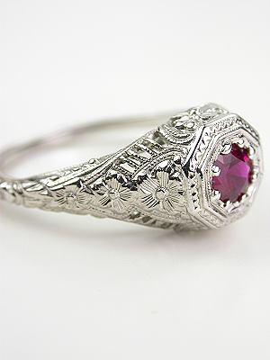 Antique Ruby Ring with Floral and Filigree