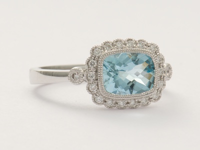 Aquamarine and Diamond Vintage Style Engagement Ring