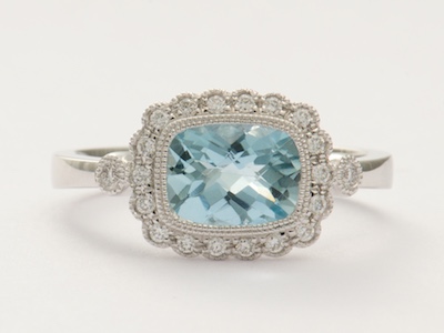 Aquamarine and Diamond Vintage Style Engagement Ring