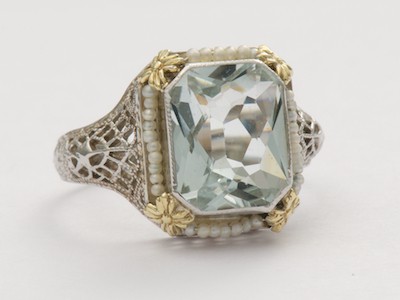 Aquamarine Antique Ring with Pearls and Filigree