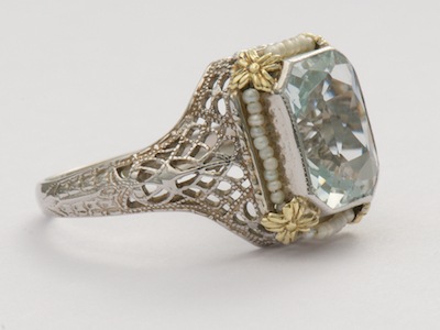 Aquamarine Antique Ring with Pearls and Filigree