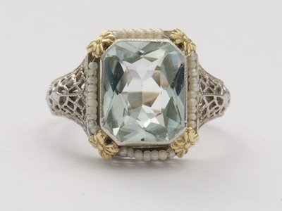 Aquamarine Antique Ring with Pearls and Filigree