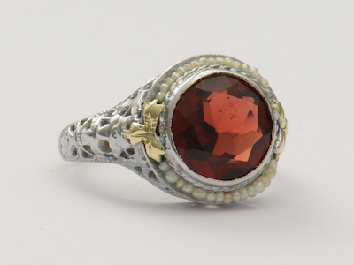 Almandine Garnet Antique Ring with Pierced and Floral Design