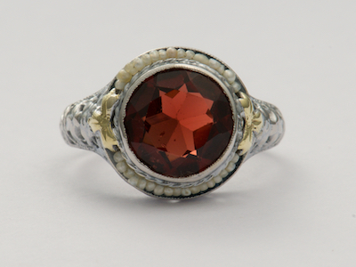 Almandine Garnet Antique Ring with Pierced and Floral Design